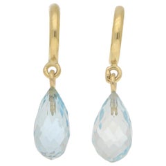 Boucles d'oreilles en goutte en or jaune 18 carats avec aigue-marine en forme de briolette et demi-cercle