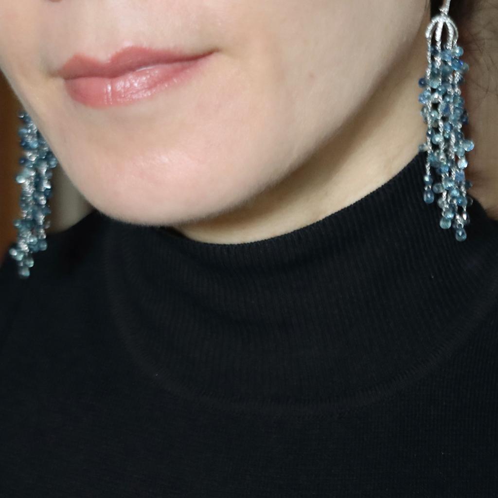 Briolette Blue Sapphire and Diamond Tassel Long Dangle Earrings For Sale 1