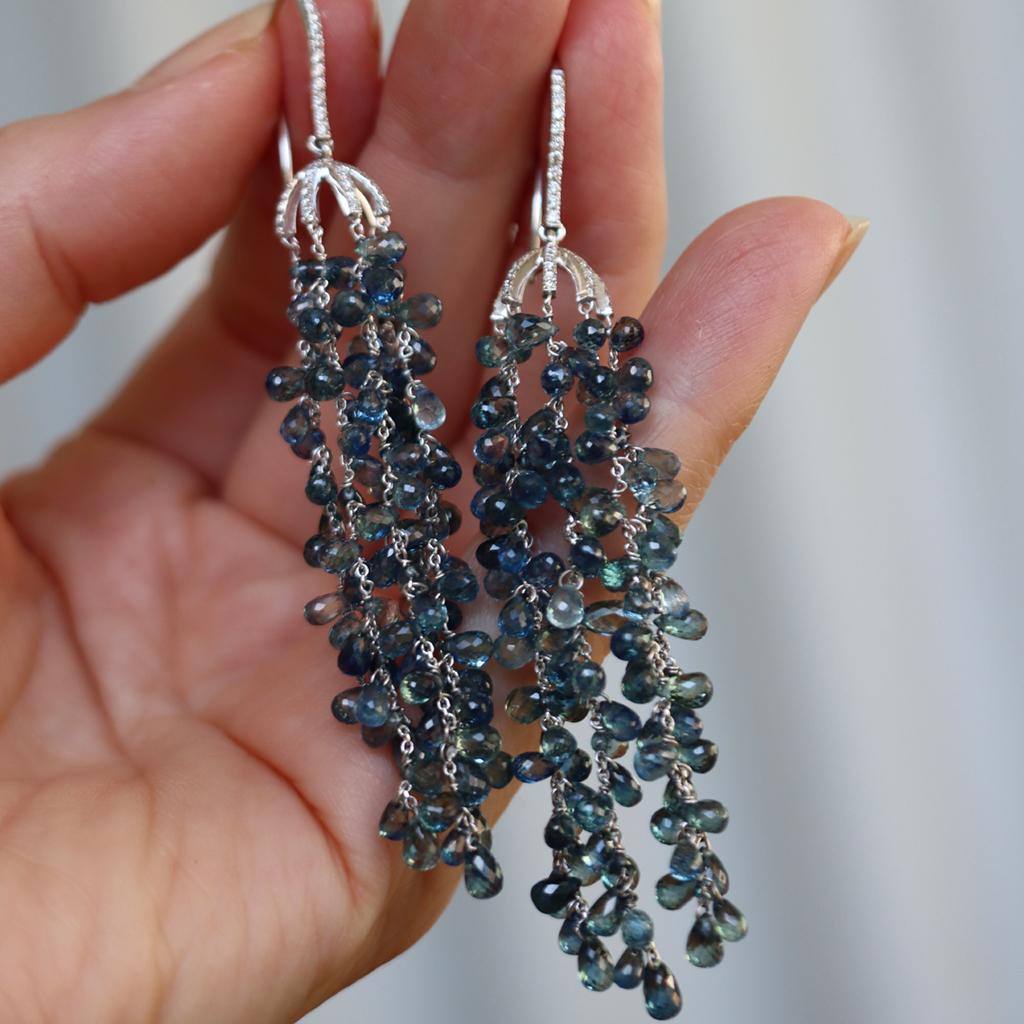 Briolette Blue Sapphire and Diamond Tassel Long Dangle Earrings For Sale 2