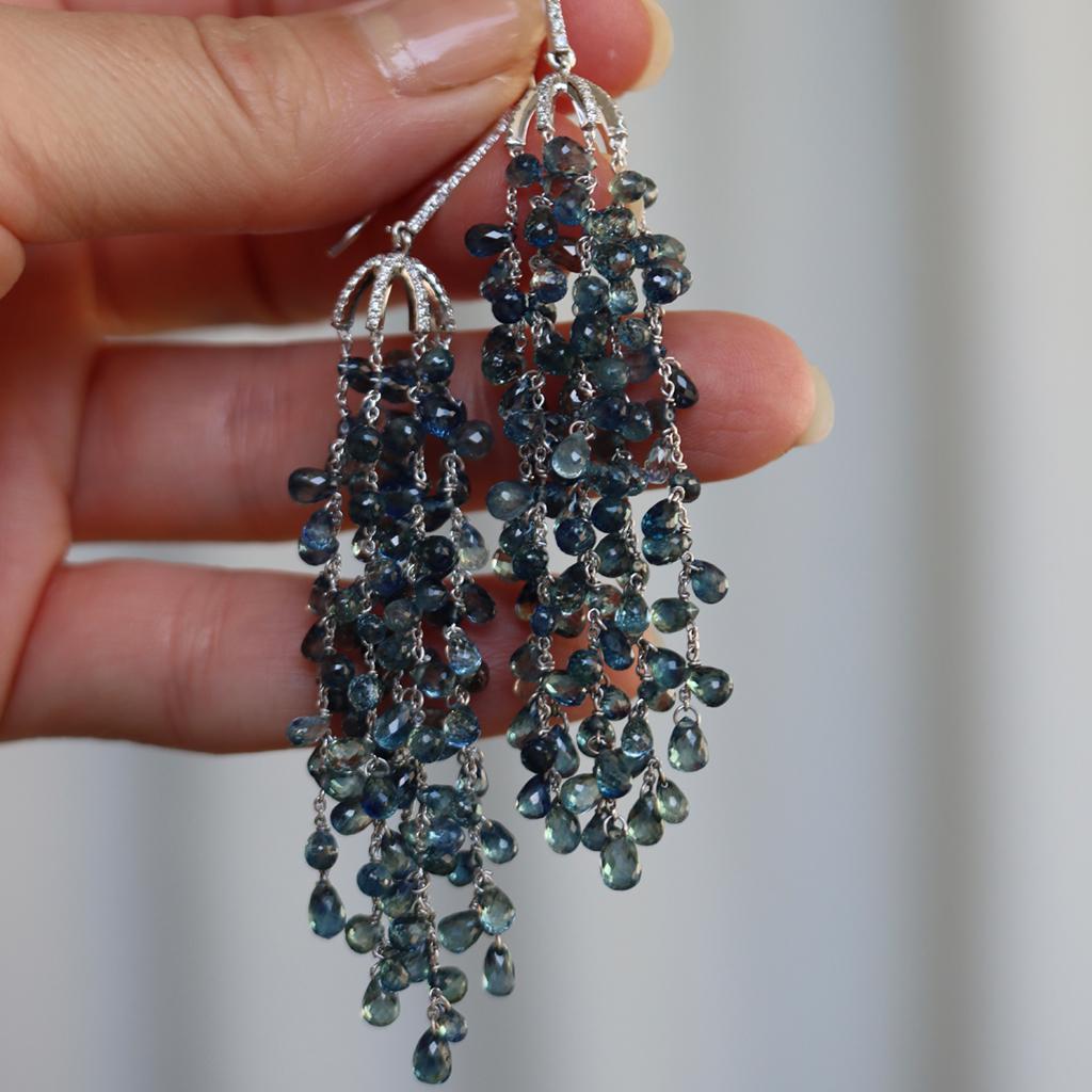 Briolette Blue Sapphire and Diamond Tassel Long Dangle Earrings For Sale 3