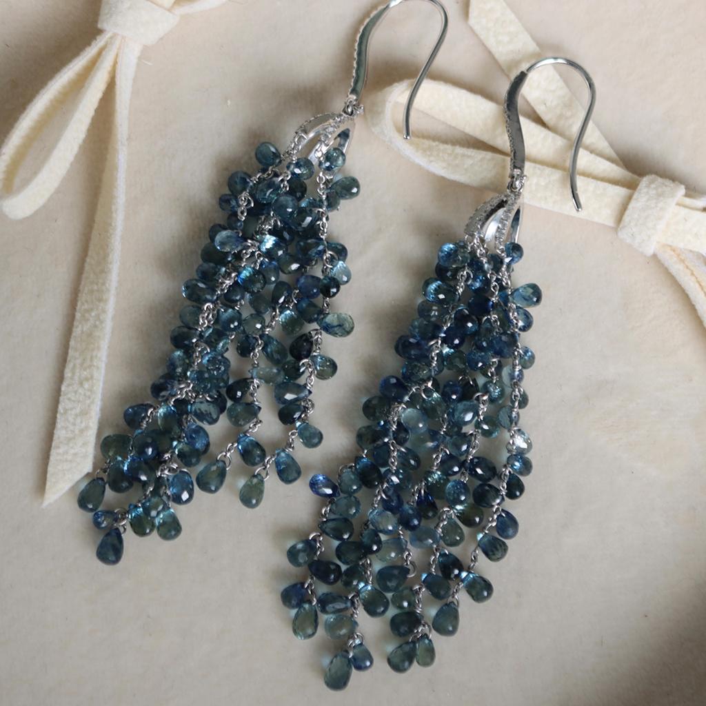 Contemporary Briolette Blue Sapphire and Diamond Tassel Long Dangle Earrings For Sale