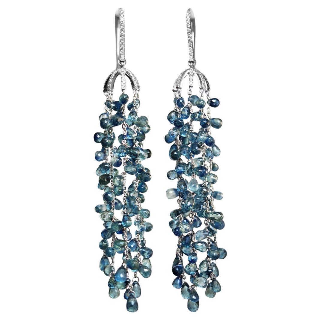 Briolette Blue Sapphire and Diamond Tassel Long Dangle Earrings For Sale