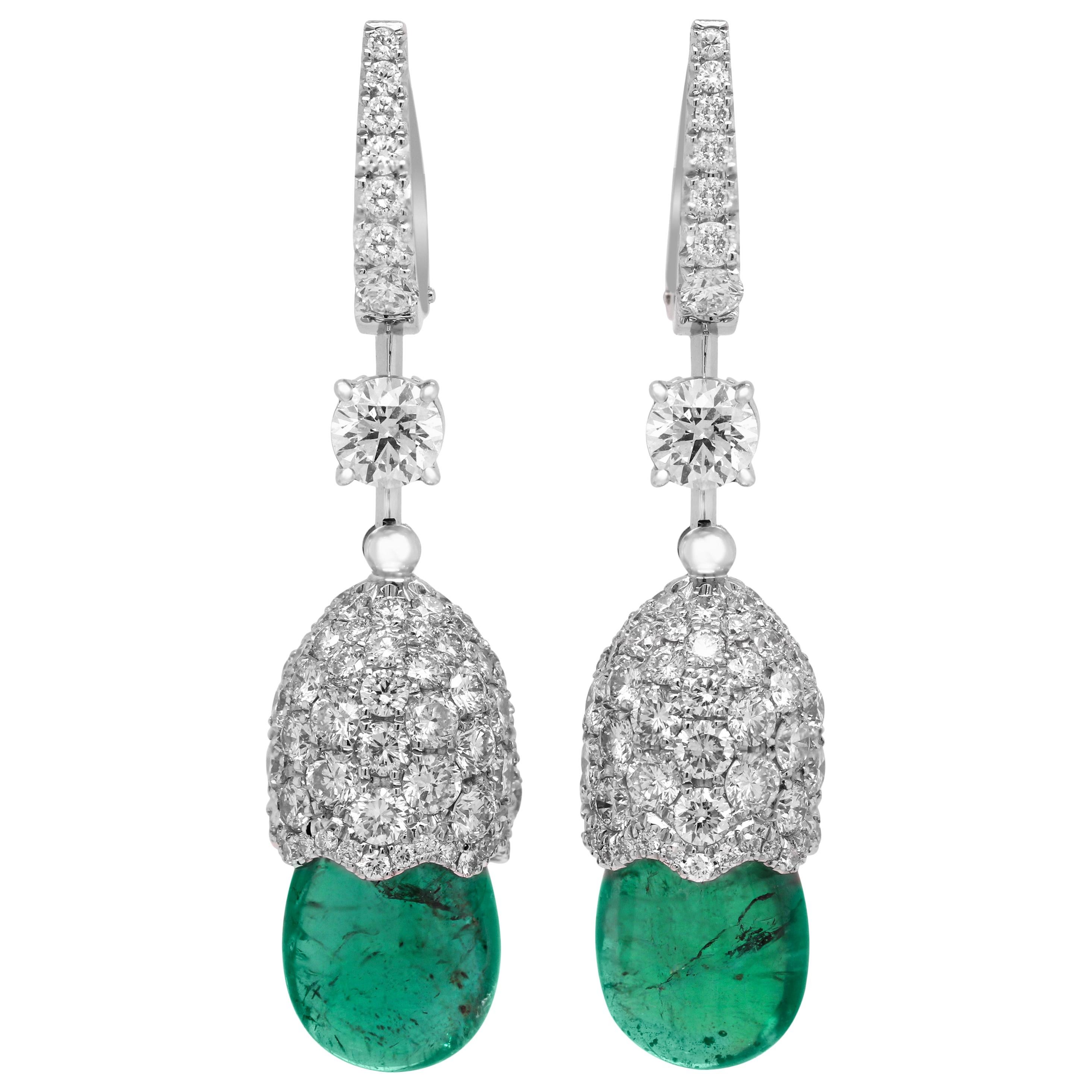 Briolette Cabochon Colombian Emeralds 18 Karat Gold Diamond Dangle Earrings For Sale