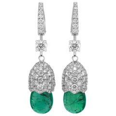 Briolette Cabochon Colombian Emeralds 18 Karat Gold Diamond Dangle Earrings