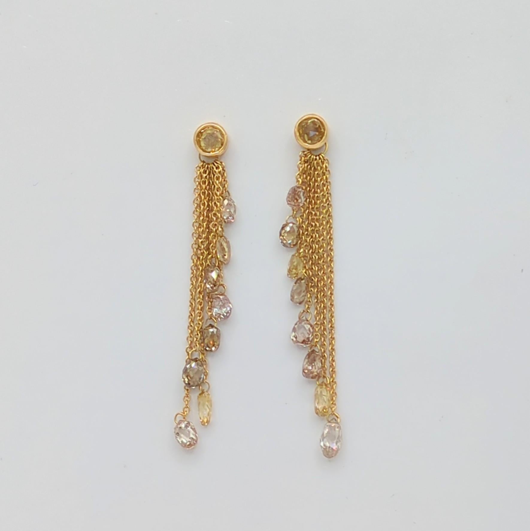 Women's or Men's Briolette Champagne Diamond Dangle Earrings in 18K Yellow Gold