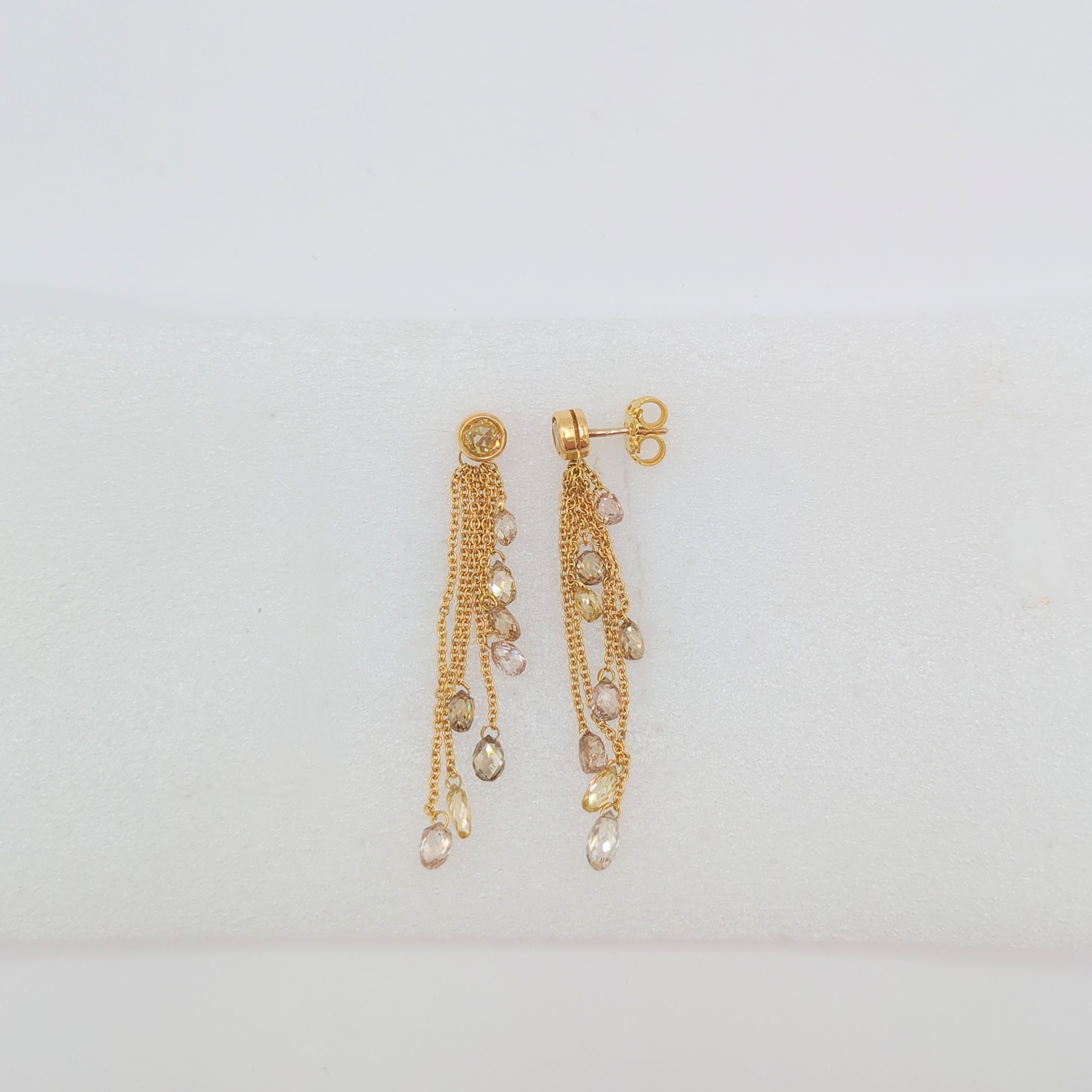 Briolette Champagne Diamond Dangle Earrings in 18K Yellow Gold 1