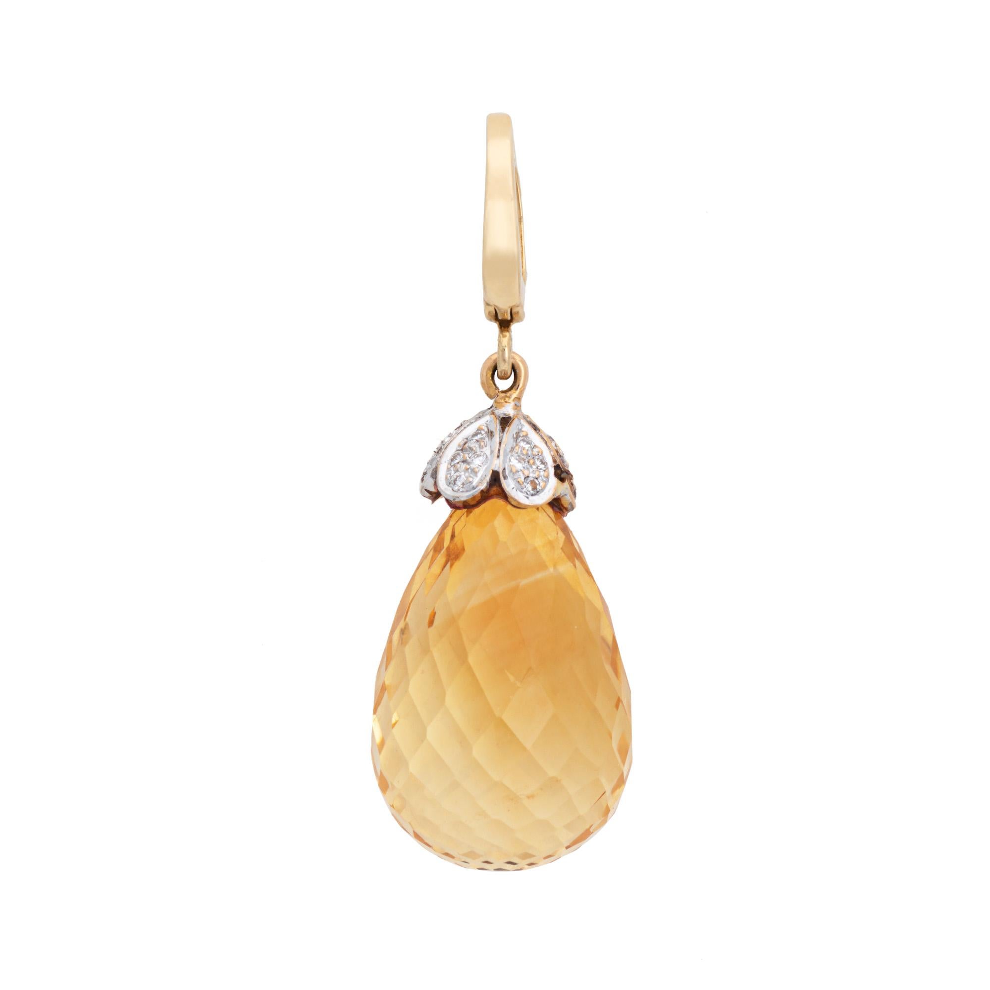 Briolette Cut Briolette Citrine Diamond Pendant Estate 14k Yellow Gold Charm Estate Jewelry