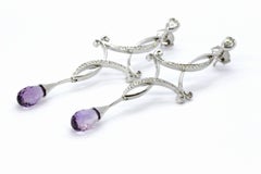 Briolette Cut Amethyst and Diamond 18ct White Gold Drop Earrings
