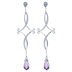 Briolette Cut Amethyst and Diamond 18ct White Gold Drop Earrings