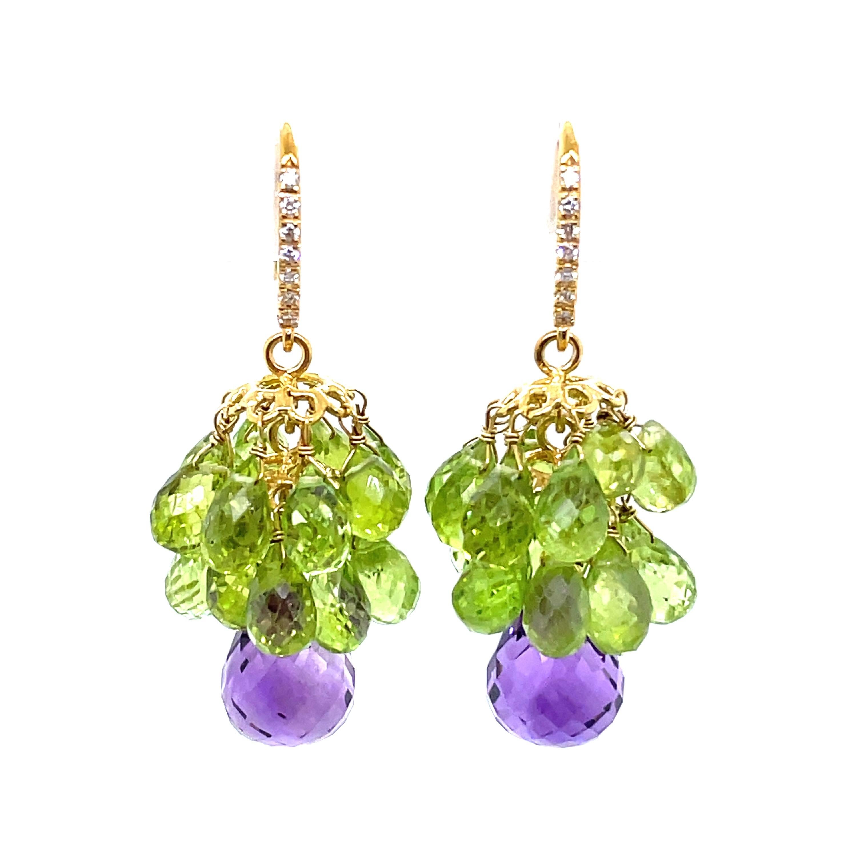Pendientes de gota de amatista y peridoto talla briolette Cts 48 Uva engastados en oro de 18k Corte redondo en venta