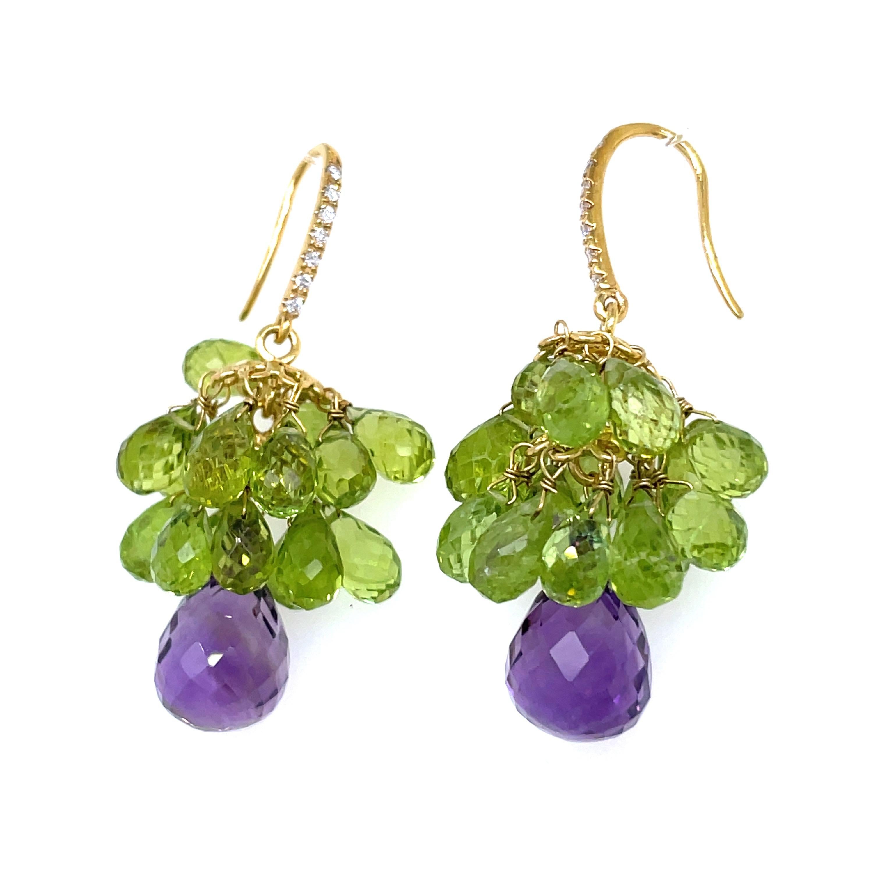De las mujeres Pendientes de gota de amatista y peridoto talla briolette Cts 48 Uva engastados en oro de 18k en venta