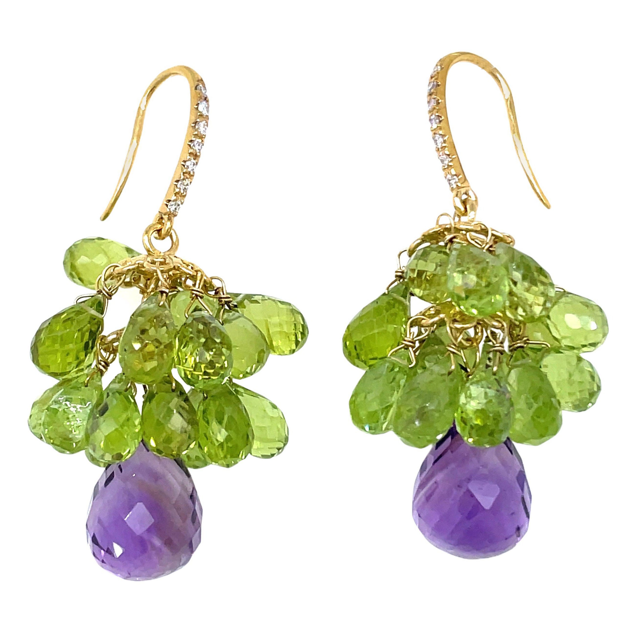 Pendientes de gota de amatista y peridoto talla briolette Cts 48 Uva engastados en oro de 18k