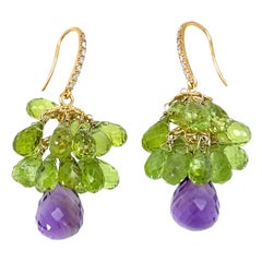 Pendientes de gota de amatista y peridoto talla briolette Cts 48 Uva engastados en oro de 18k