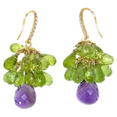 Grape-Tropfen-Ohrringe aus 18 Karat Gold mit Amethyst im Briolette-Schliff und Peridot, 48 Karat