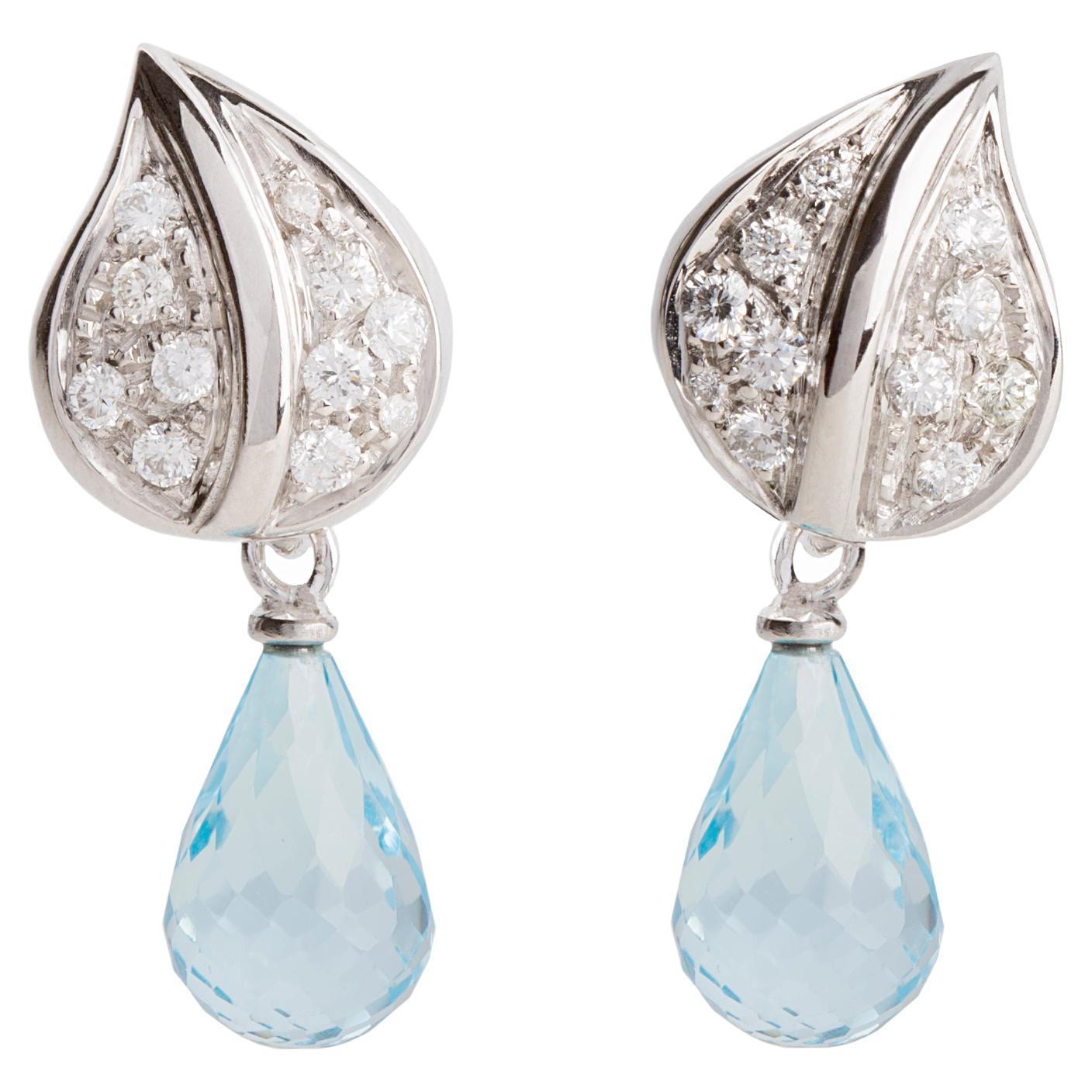 18K Gold Detachable Aquamarine 0.30 Karats White Diamonds Drop Earrings  For Sale