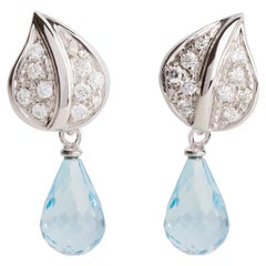 18K Gold Detachable Aquamarine 0.30 Karats White Diamonds Drop Earrings 