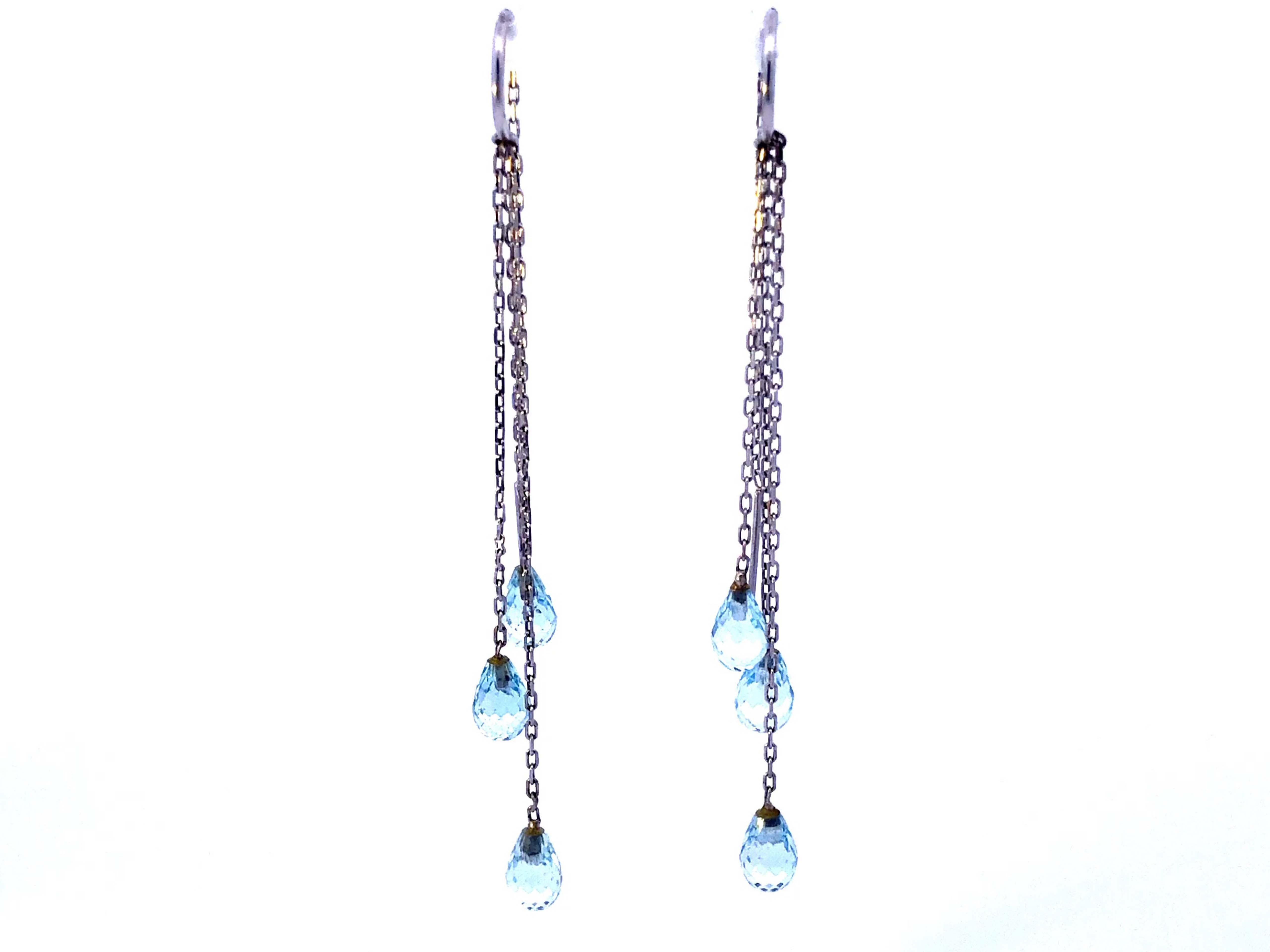 Briolette Cut Aquamarine Dangle Earrings in 14k White Gold In Excellent Condition For Sale In Honolulu, HI