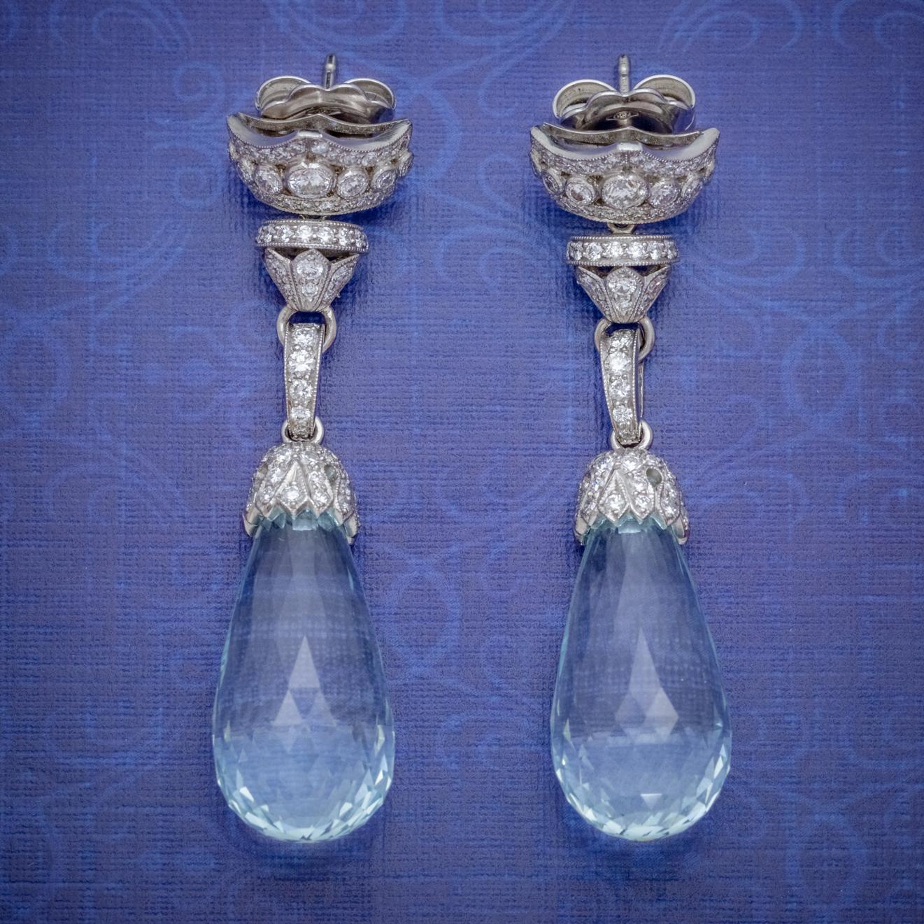 These Spectacular drop earrings are set with stunning Briolette cut Aquamarine droppers which are a lovely clear ocean blue colour and glisten beautifully in the light with many expertly cut facets that are truly magnificent.

The rest of the