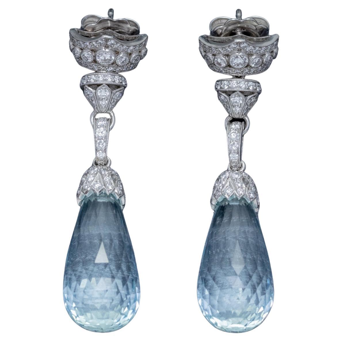 Briolette Cut Aquamarine Diamond Drop Earrings 18ct Gold 25ct Aquas 2.50ct of Di For Sale