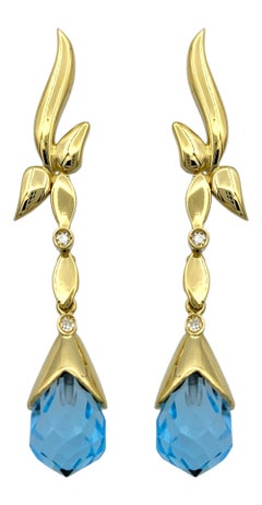 Briolette Cut Blue Topaz and Diamond Dangle Earrings in 18 Karat Yellow Gold