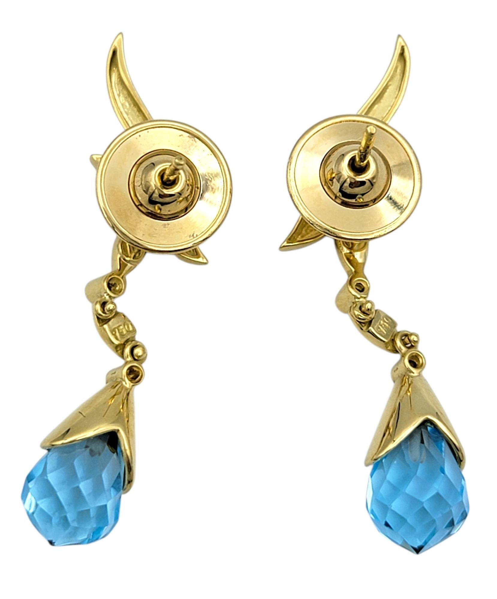 Taglio briolette Briolette Cut Blue Topaz and Diamond Dangle Earrings in 18 Karat Yellow Gold in vendita