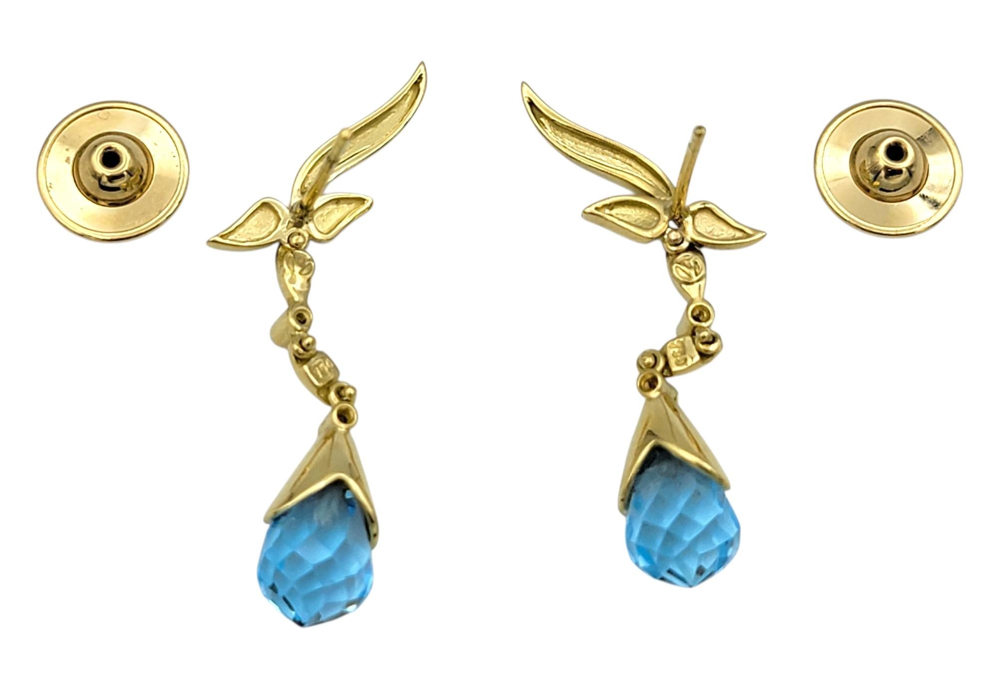 Briolette Cut Blue Topaz and Diamond Dangle Earrings in 18 Karat Yellow Gold In condizioni buone in vendita a Scottsdale, AZ