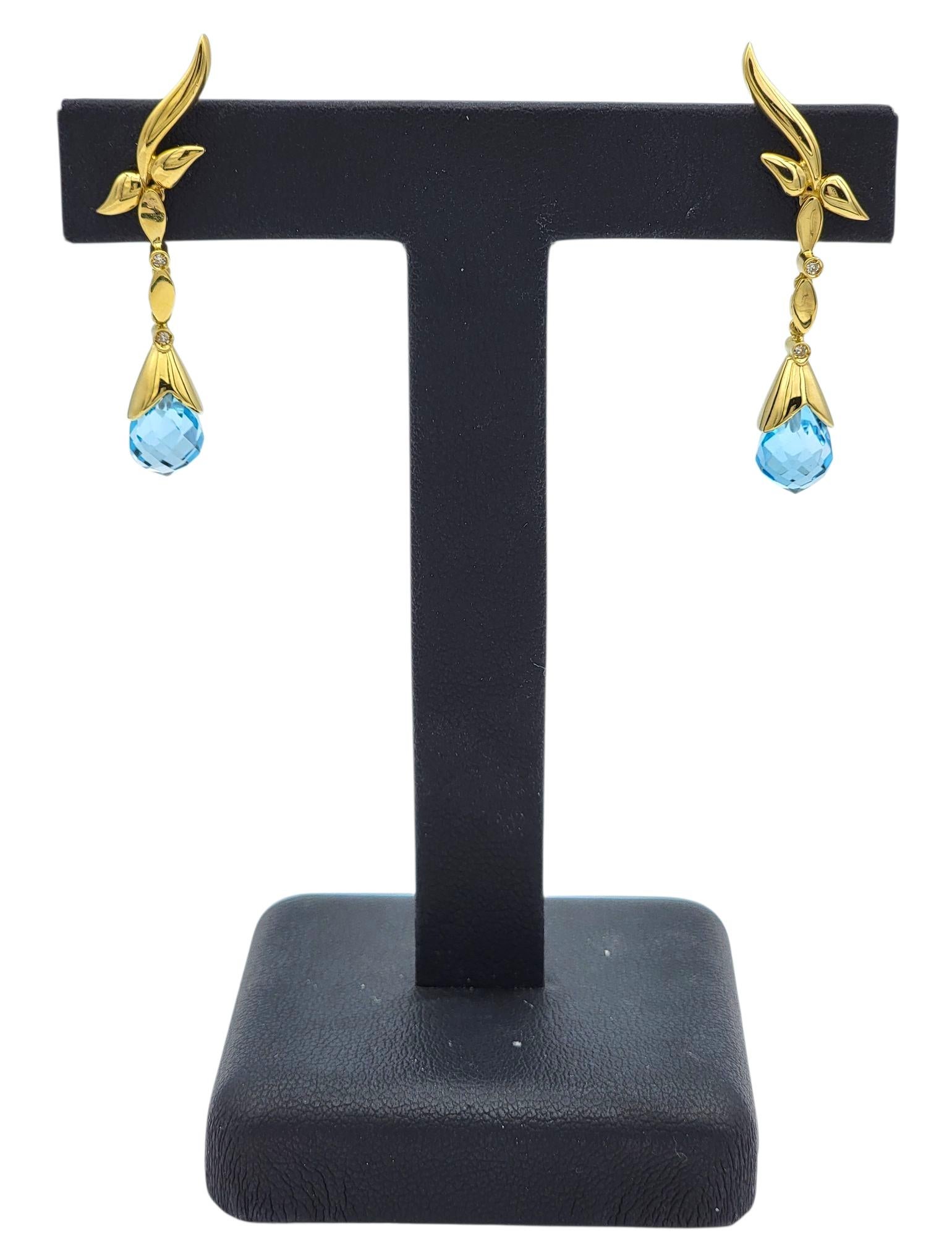 Briolette Cut Blue Topaz and Diamond Dangle Earrings in 18 Karat Yellow Gold in vendita 2