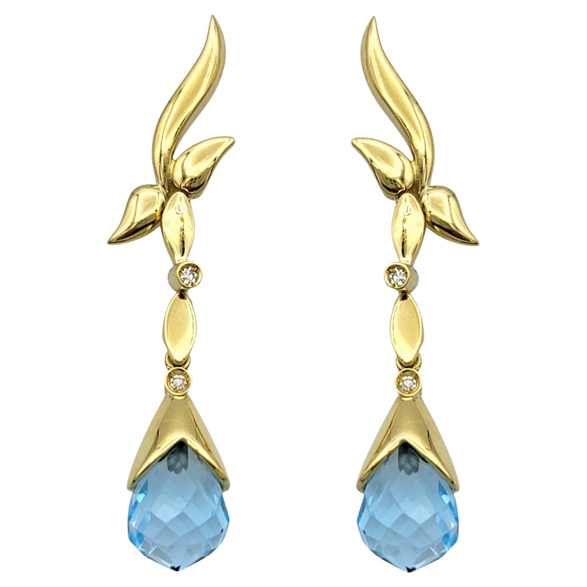 Briolette Cut Blue Topaz and Diamond Dangle Earrings in 18 Karat Yellow Gold