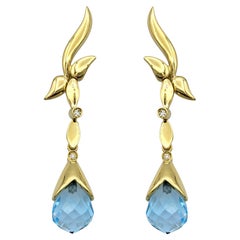 Briolette Cut Blue Topaz and Diamond Dangle Earrings in 18 Karat Yellow Gold