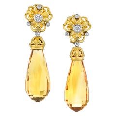 Briolette Cut Citrine and Diamond, Yellow Gold, French Clip Dangle Earrings