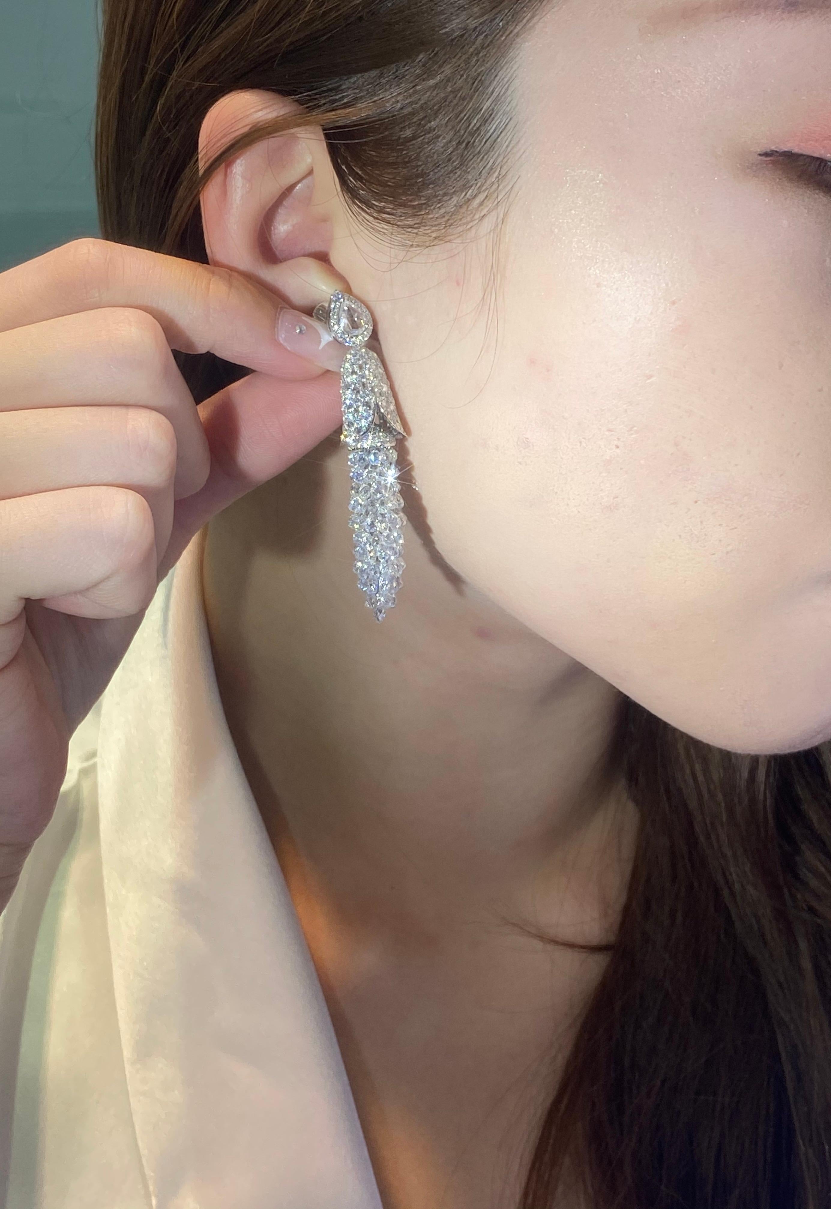 Contemporary Briolette Cut Drop Diamond Dangle Earrings in 18k White Gold