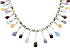 Briolette Cut Multi-Colored Gemstone Collar Necklace in 14 Karat White Gold