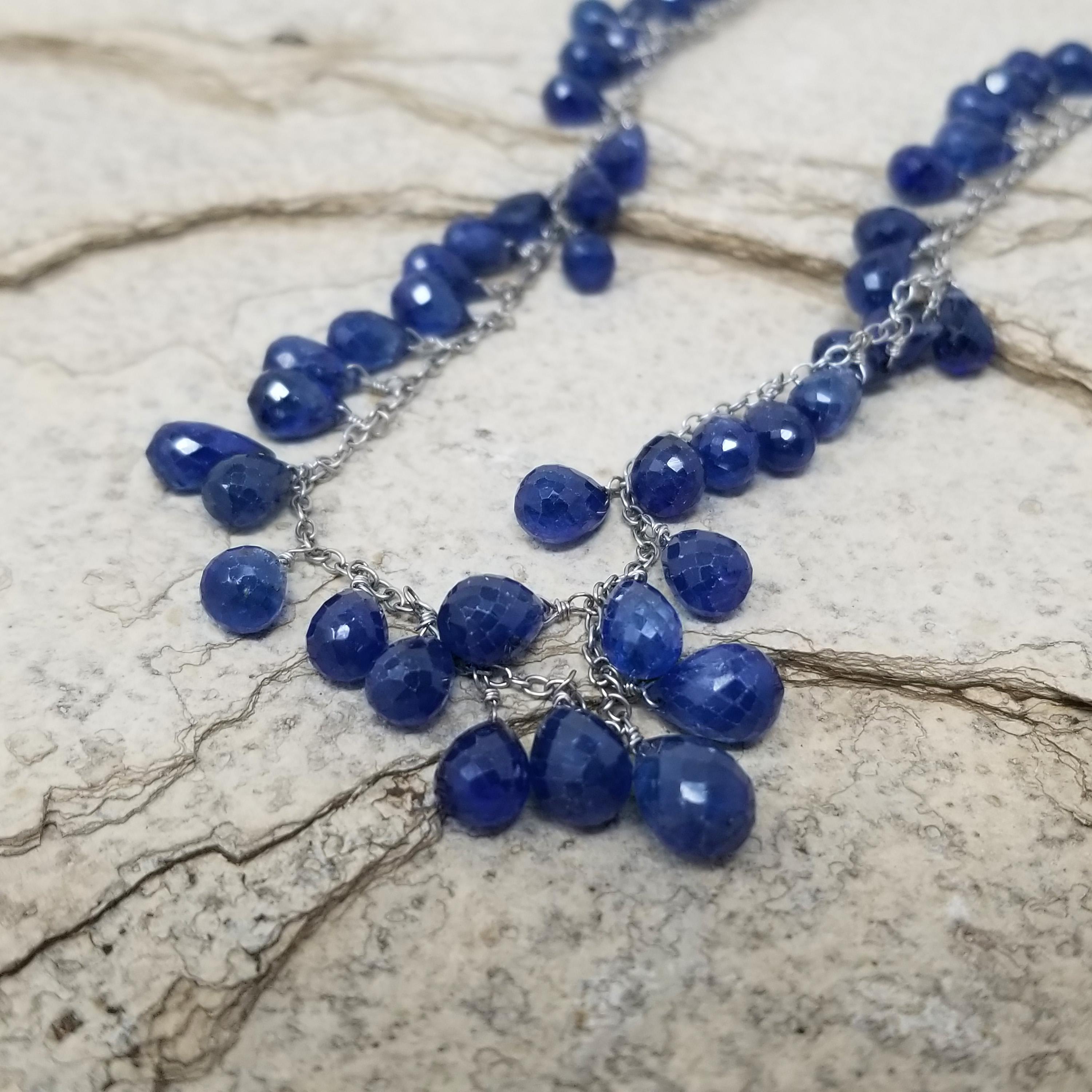 A waterfall of true-blue, briolette-cut sapphires in graduating sizes cascade from this sophisticated fringe necklace. Equal parts casual elegance and bohemian flippancy, this necklace is incredibly fun to wear.

-18kt Gold
-17.25