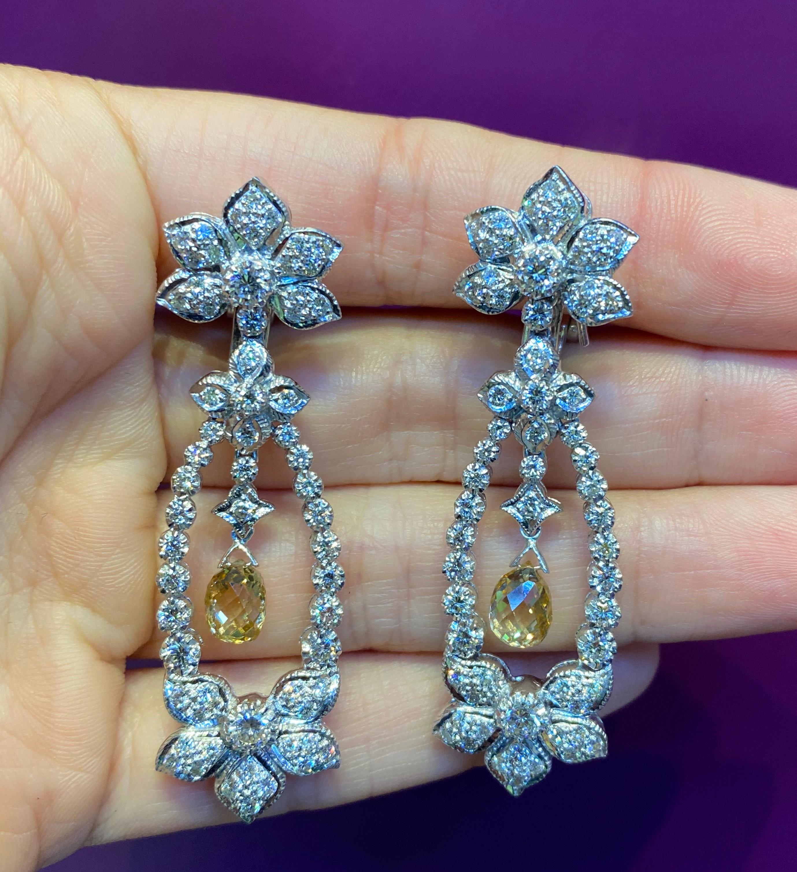 Pear Cut Briolette Diamond Flower Chandelier Earrings For Sale