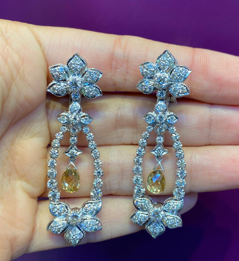 Women's Briolette Diamond Flower Chandelier Earrings For Sale