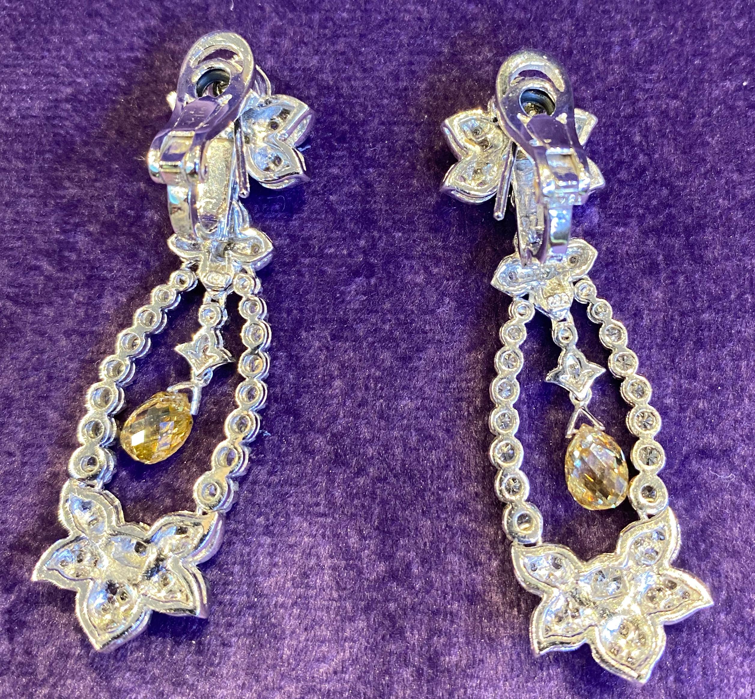 Briolette Diamond Flower Chandelier Earrings In Excellent Condition For Sale In New York, NY