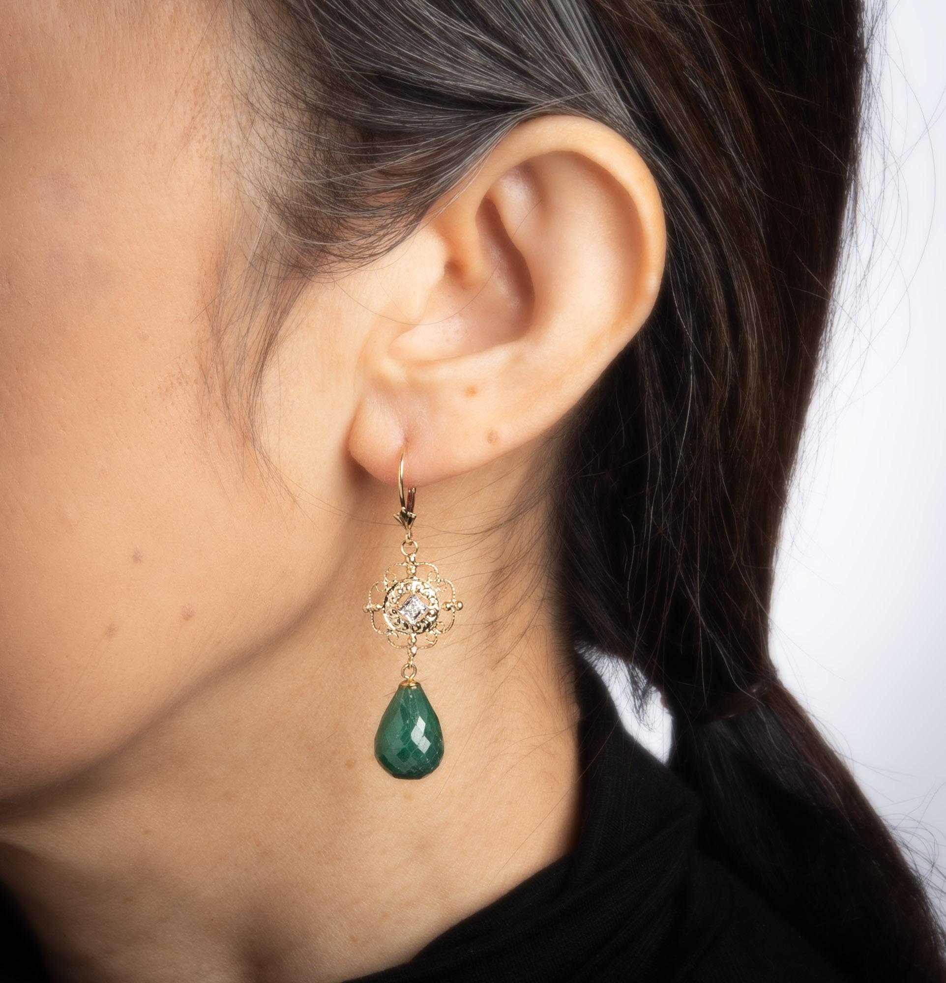 Modern Briolette Emerald Diamond Earrings Vintage 14k Yellow Gold Drops Estate Jewelry