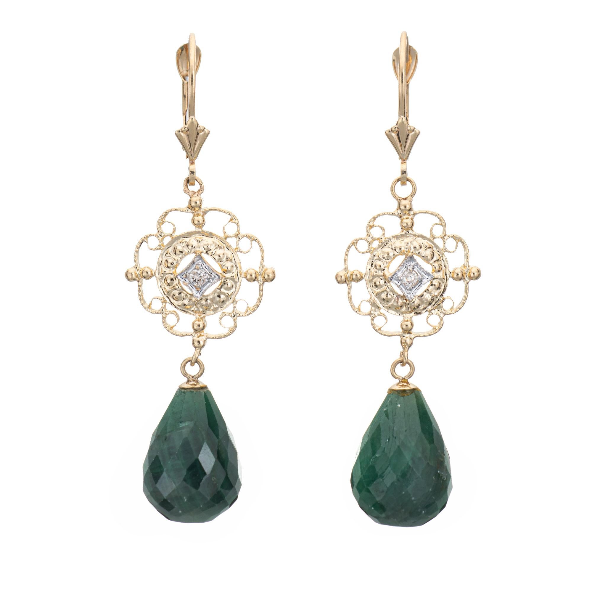 Briolette Cut Briolette Emerald Diamond Earrings Vintage 14k Yellow Gold Drops Estate Jewelry