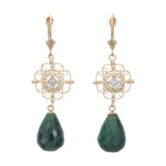 Briolette Emerald Diamond Earrings Vintage 14k Yellow Gold Drops Estate Jewelry