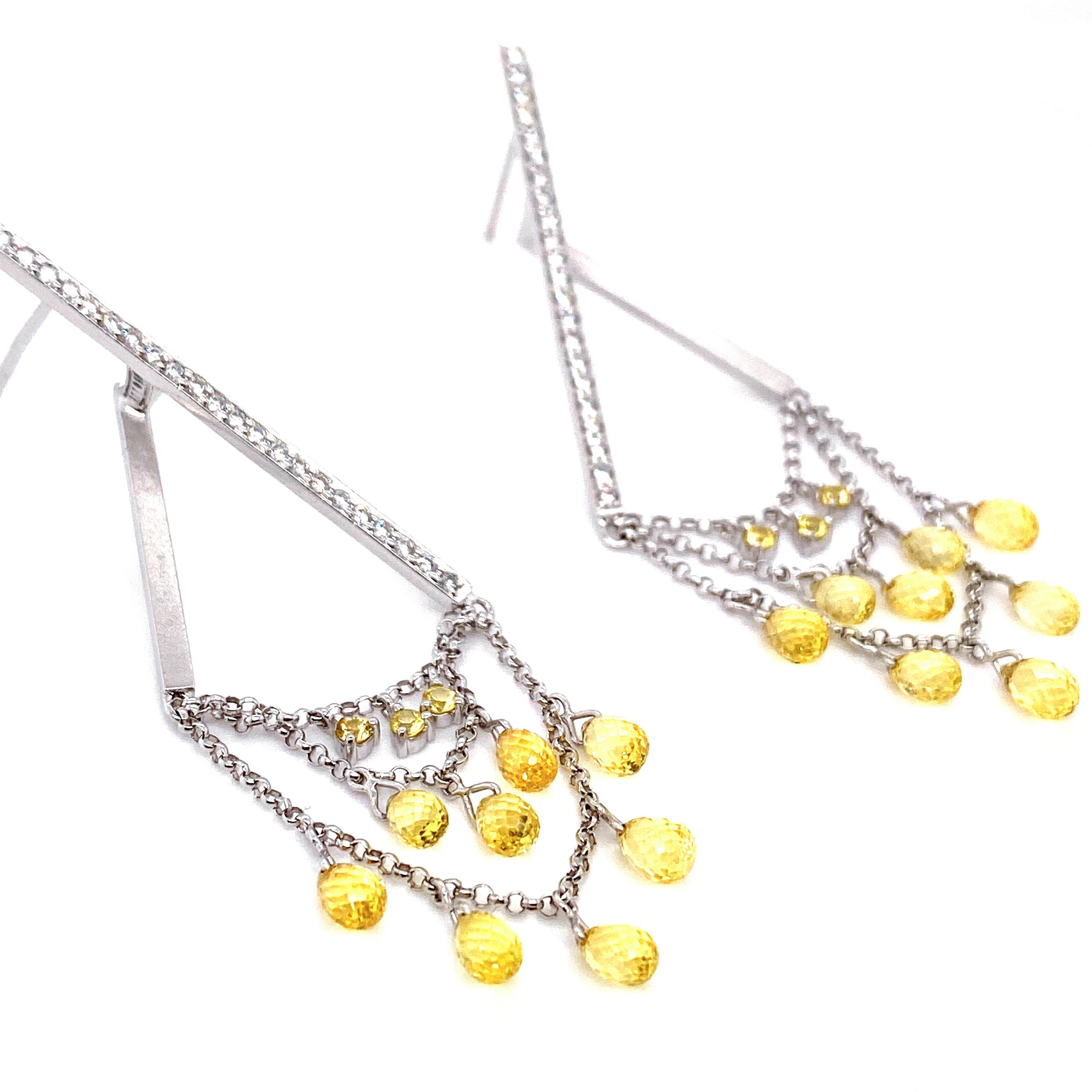 Contemporary Briolette Fancy Sapphire and Diamond Drop Earrings in 18 Karat Gold