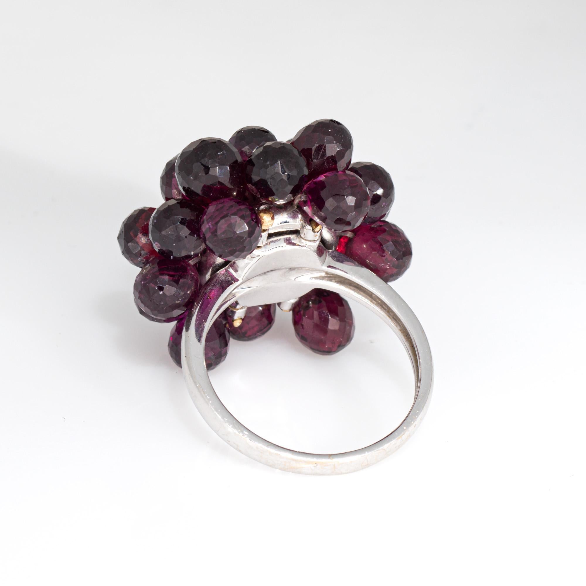 Briolette Garnet Cluster Ring Vintage 18k White Gold Cocktail Jewelry 6 Jewelry In Good Condition For Sale In Torrance, CA