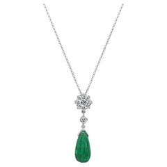 Collier pendentif Briolette en or blanc 18K avec émeraude verte et diamant blanc