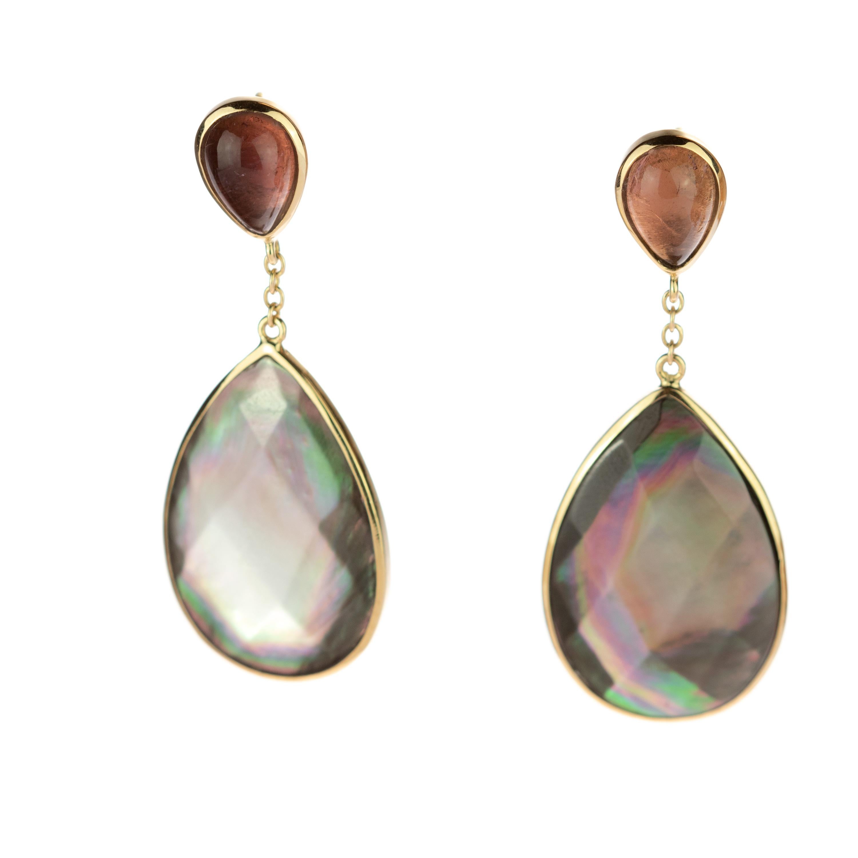 Intini Jewel Briolette Mother Pearl Tourmaline 18 Karat Gold Chain Drop Earrings In New Condition For Sale In Milano, IT