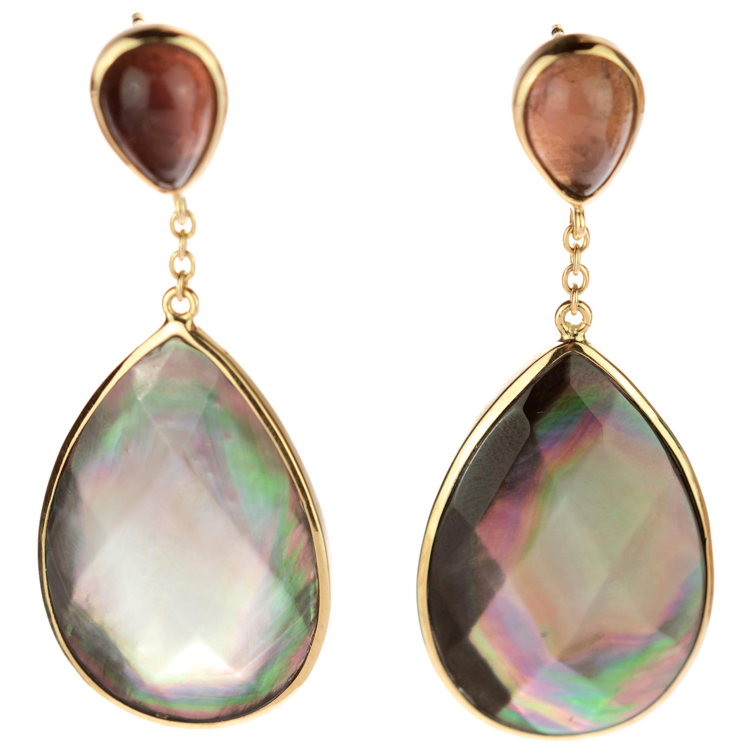 Intini Jewel Briolette Mother Pearl Tourmaline 18 Karat Gold Chain Drop Earrings For Sale