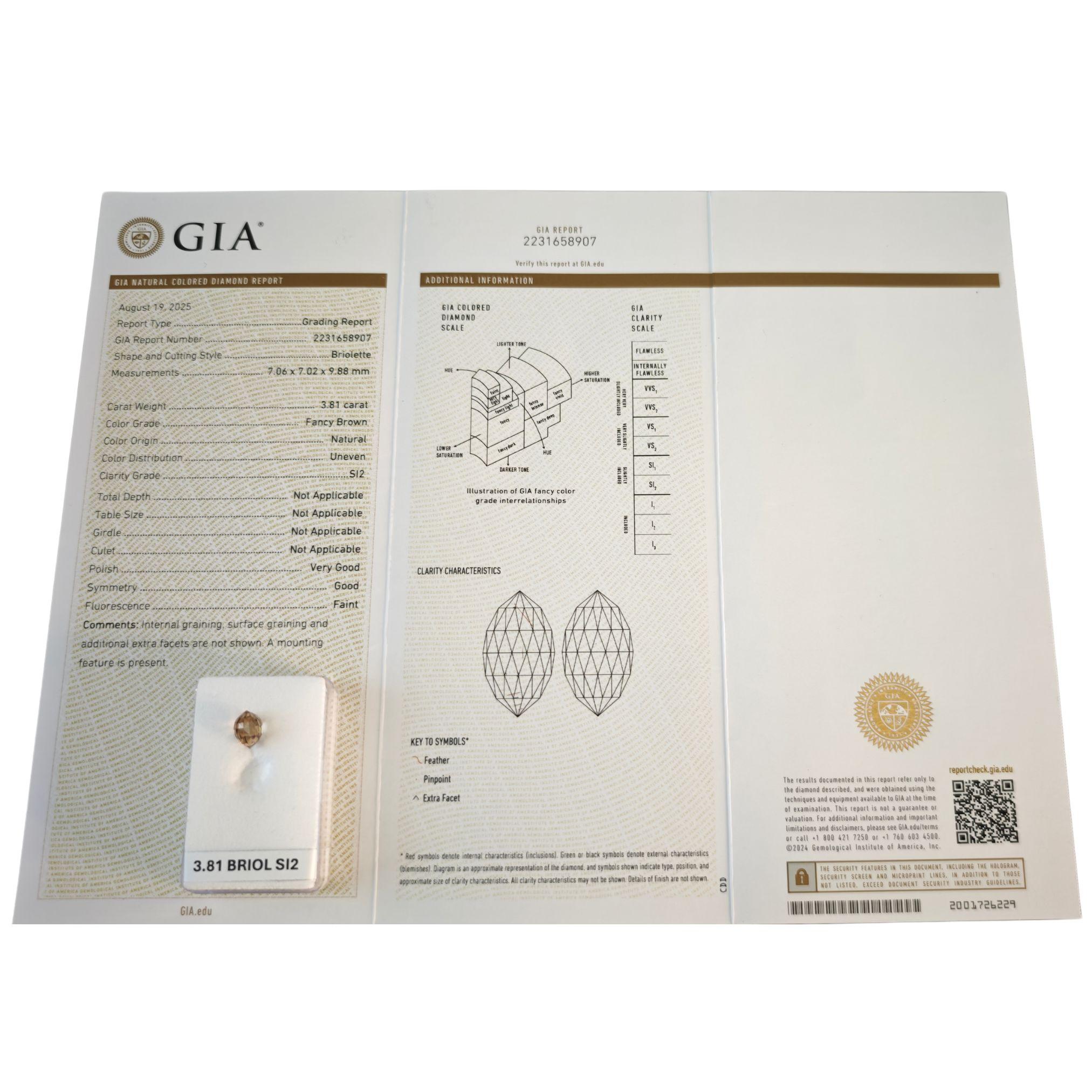 Diamante Natural Briolette, Certificado GIA 3,81ct, Gema Suelta Marrón Fantasía en venta 5