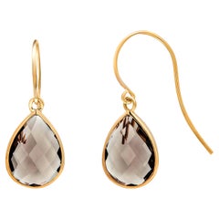 Briolette Pear Shaped Black Quartz Silver Hoop Earrings Yellow Gold Plated