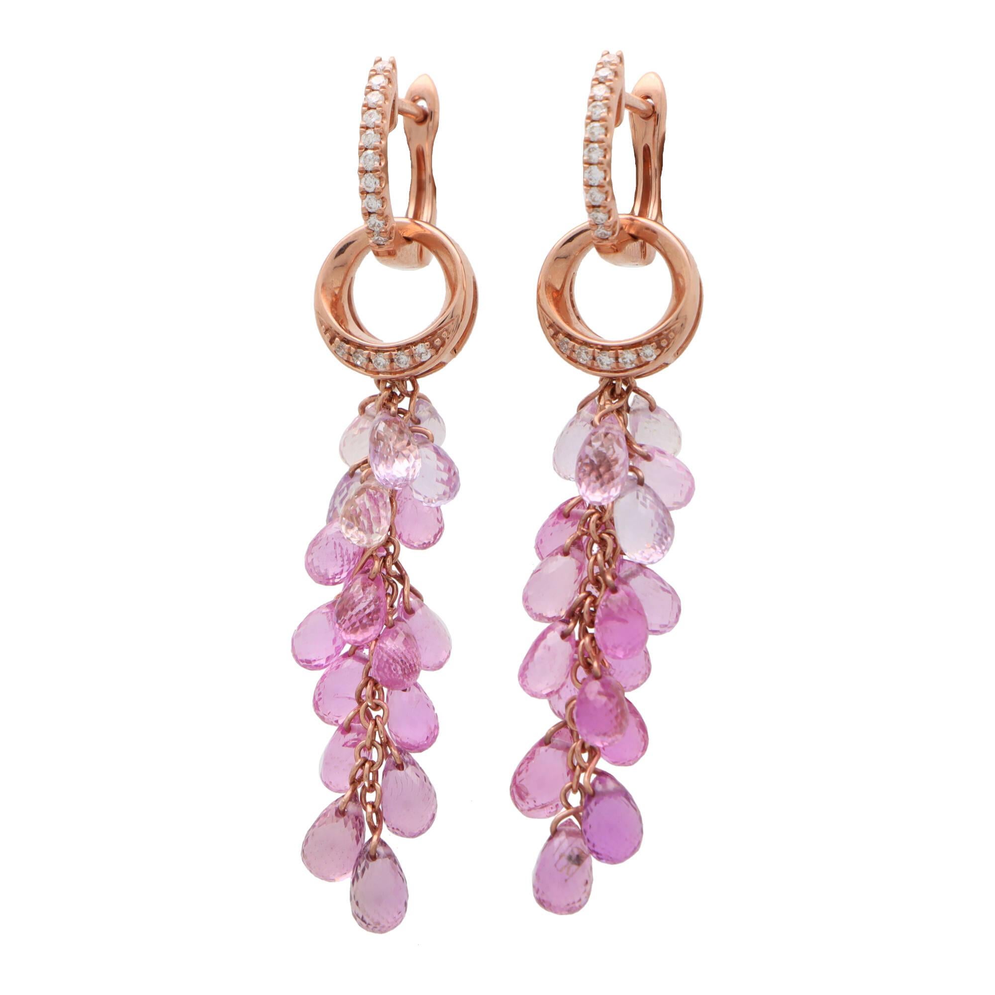 Modern Briolette Pink Sapphire and Diamond Convertible Drop Earrings in 18k Rose Gold