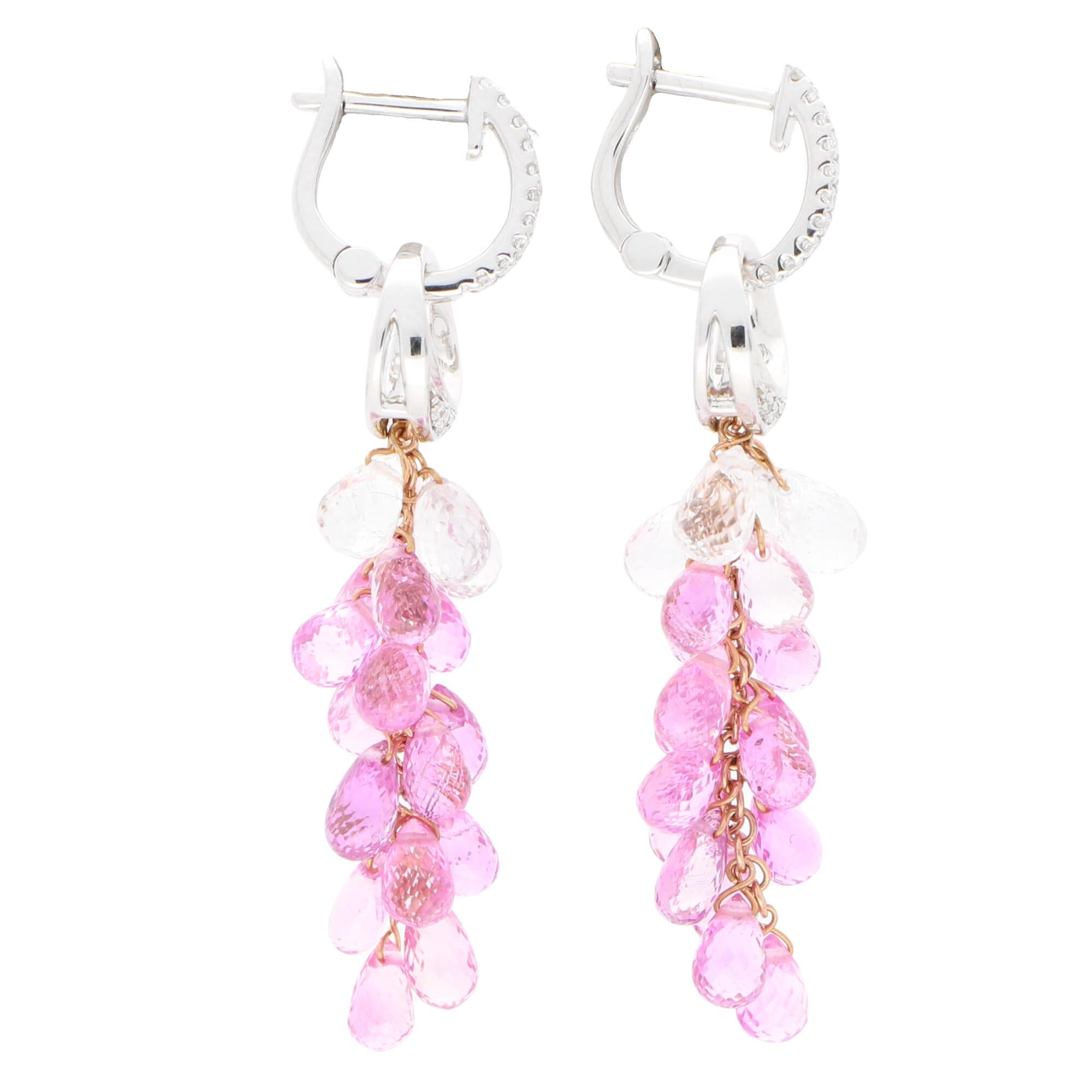 Briolette Cut Briolette Pink Sapphire and Diamond Convertible Drop Earrings Set in 18k Gold