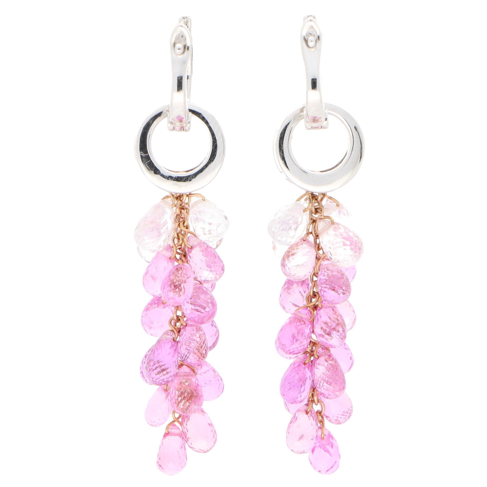Women's or Men's Briolette Pink Sapphire and Diamond Convertible Drop Earrings Set in 18k Gold