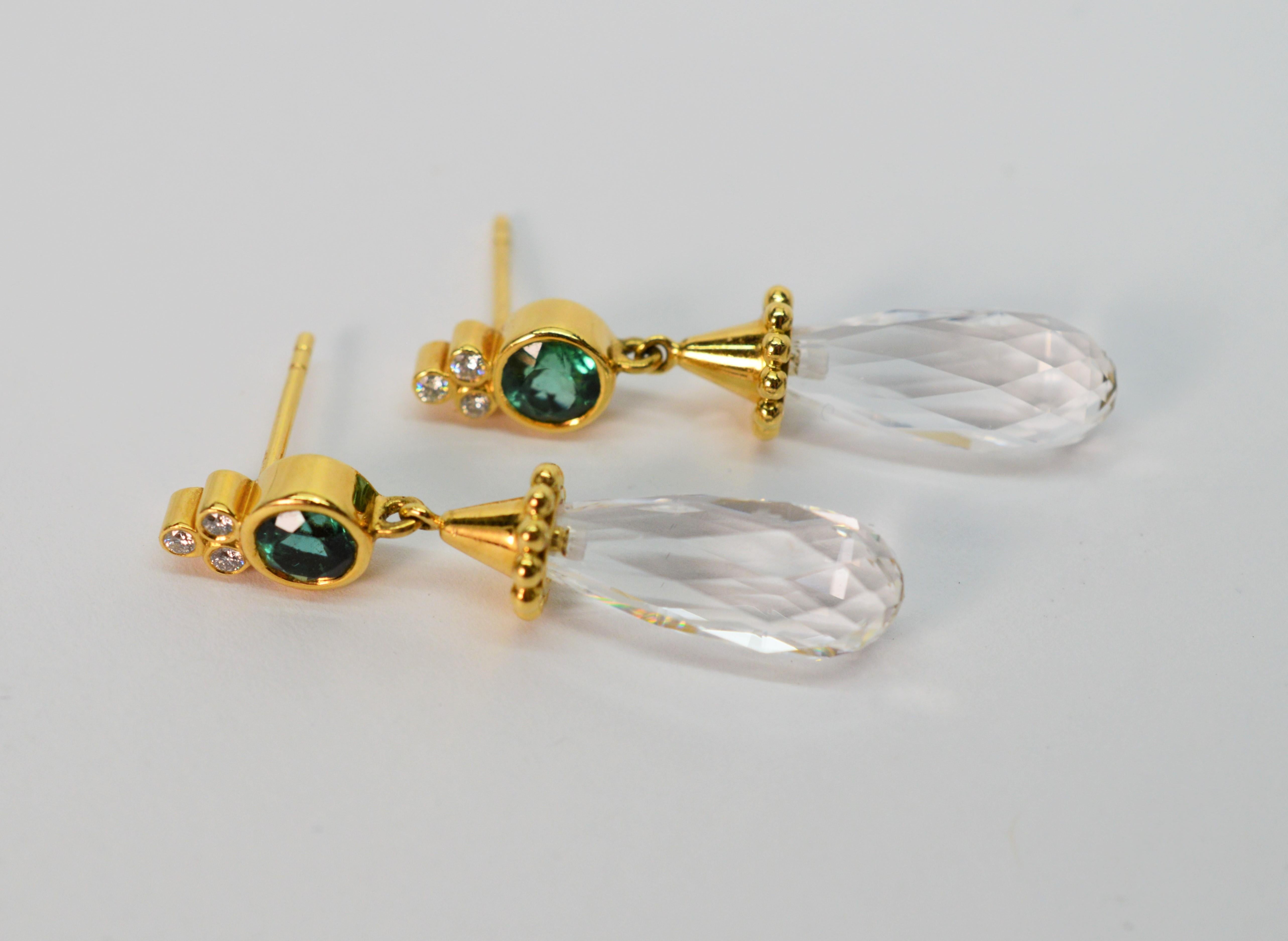 Mixed Cut Briolette Rock Crystal Yellow Gold Drop Earrings w Emerald Diamond Accents For Sale